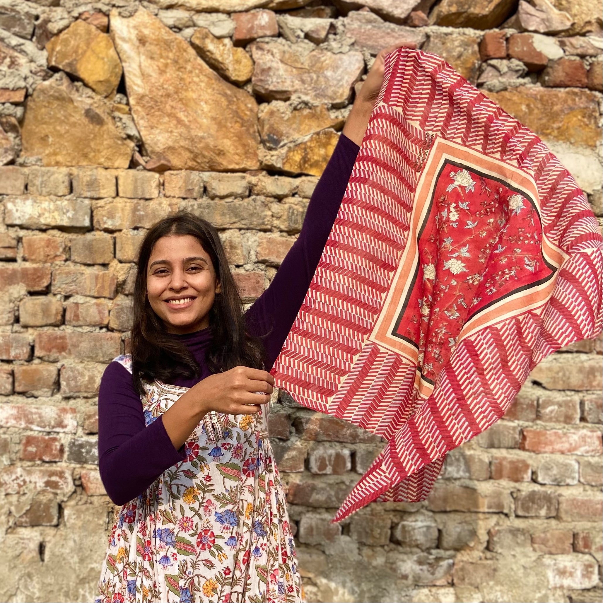 Square Cotton Scarf | 30 Inch Hand Made Wood Block Hand Stamped Scarf