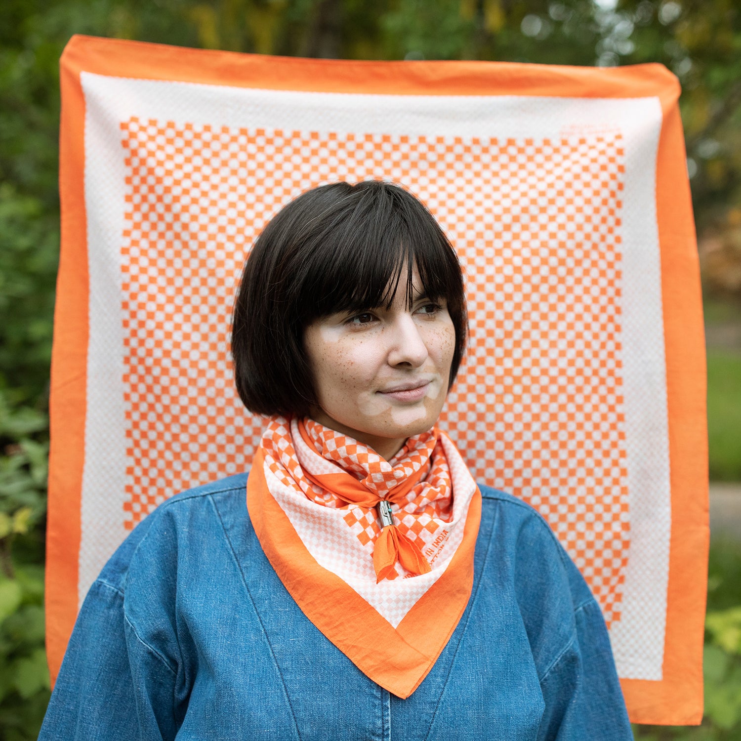 Blockprint Cotton Scarf- Duet in Tangelo- 28in
