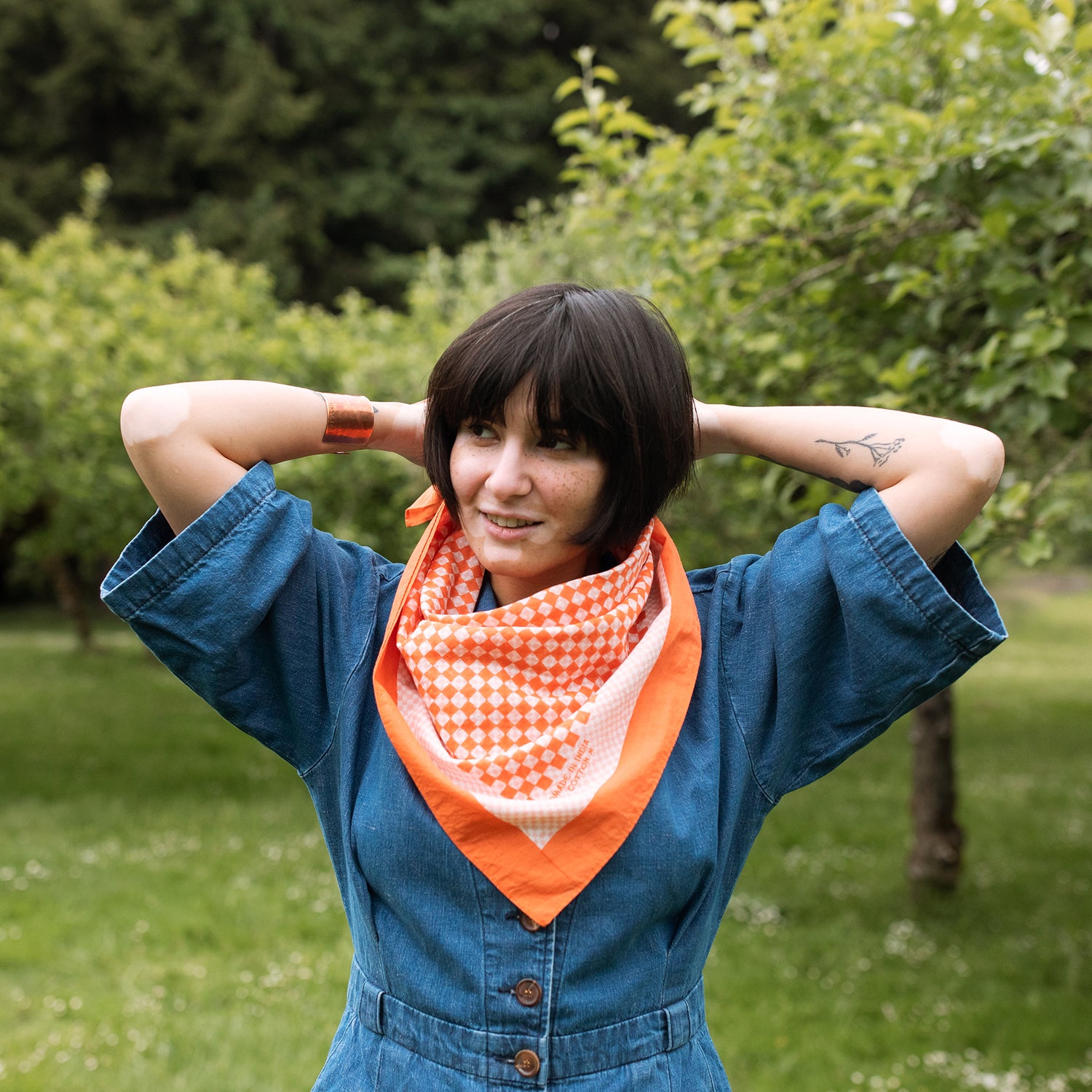 Blockprint Cotton Scarf- Duet in Tangelo- 28in