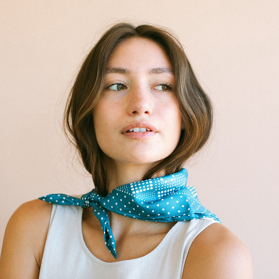Silk Twill Scarf - Daisy in Denim Blue