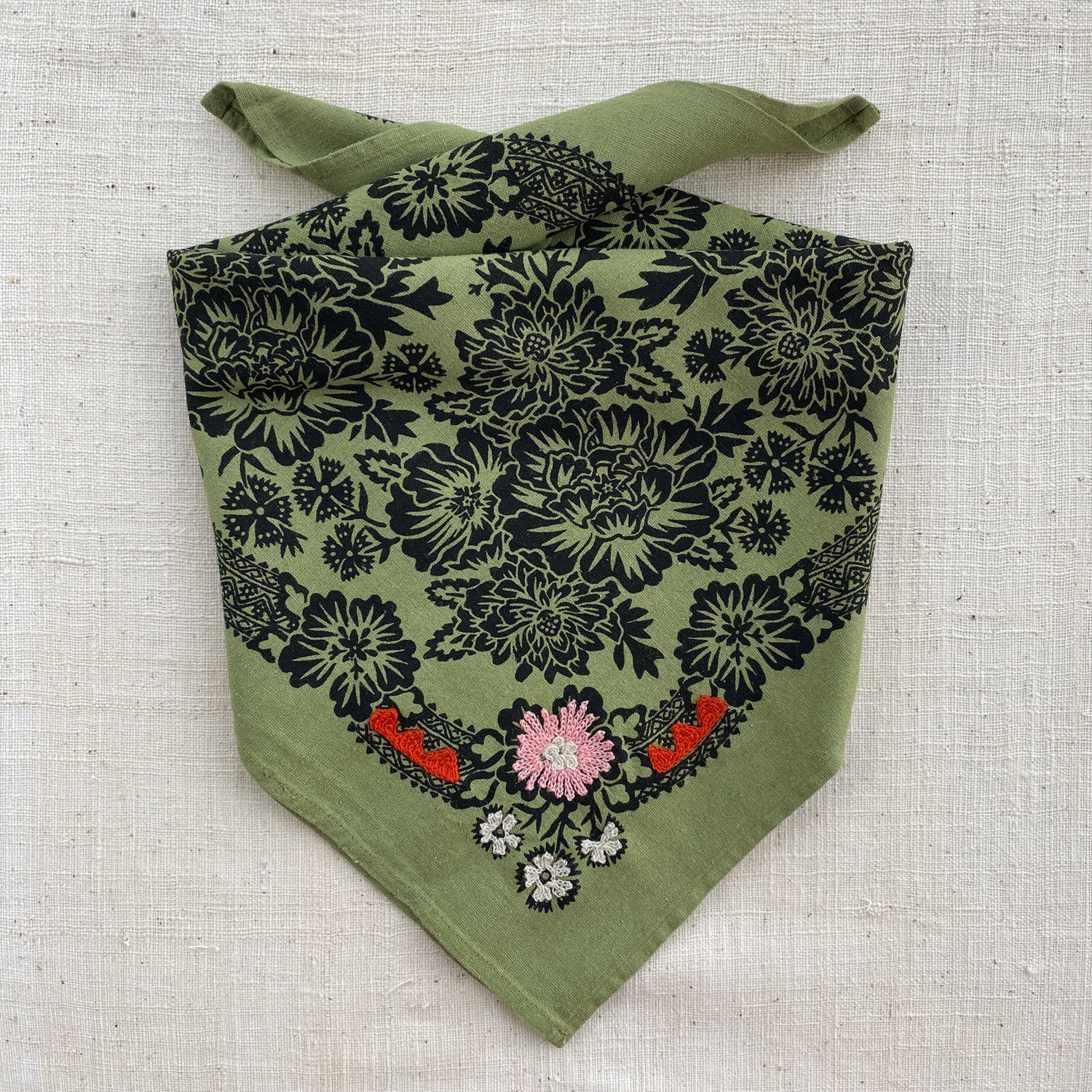 Embroidered Silk Bandana | Blossom - Grass Green