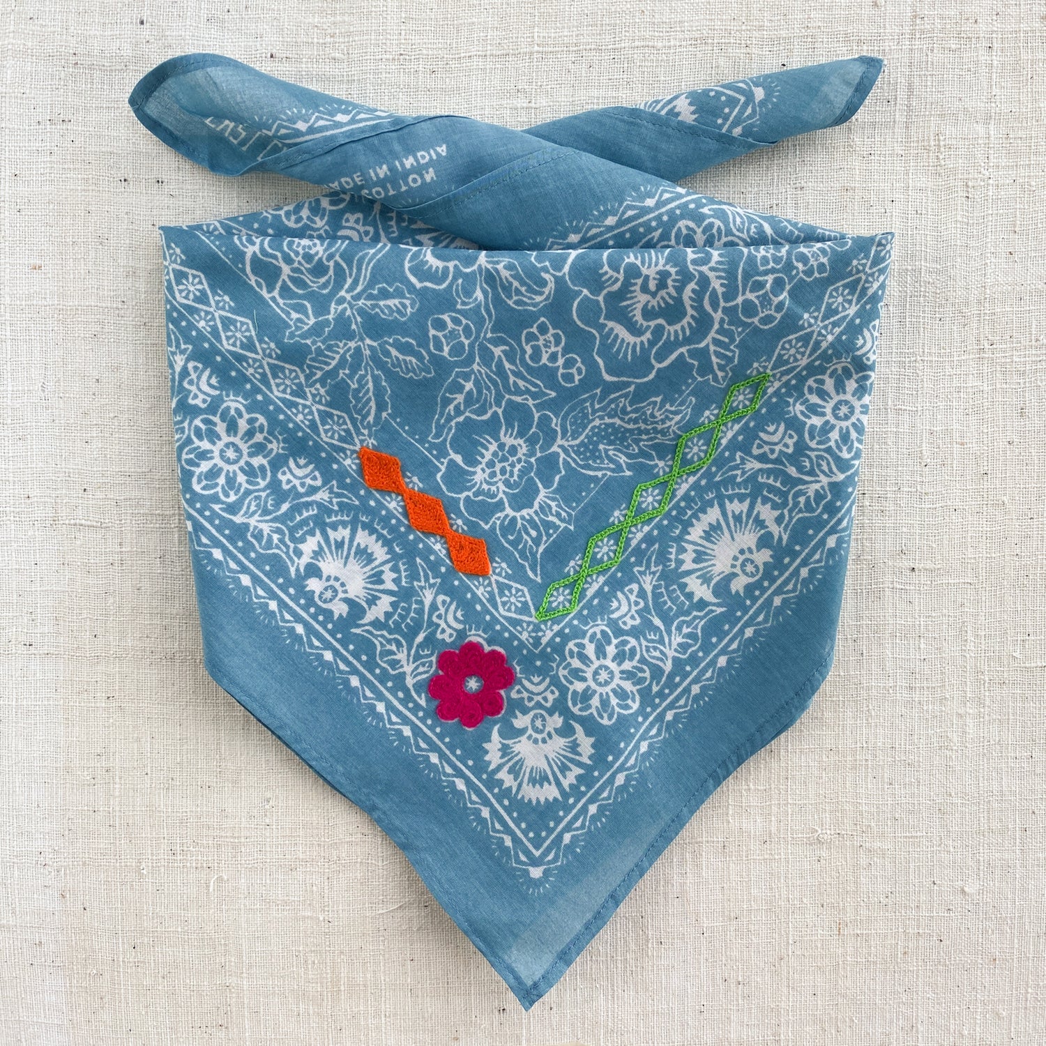 Embroidered Cotton Bandana | Rosey - Faded Blue