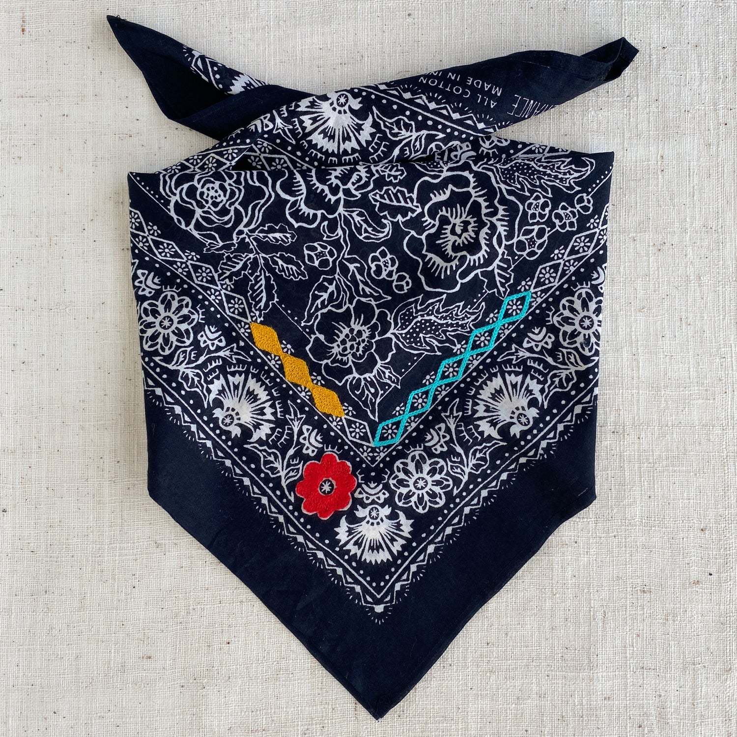 Embroidered Cotton Bandana | Rosey - Black