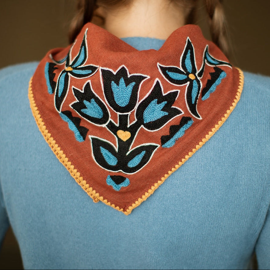 Chainstitch Silk Noil Bandana | Redwood Tulips