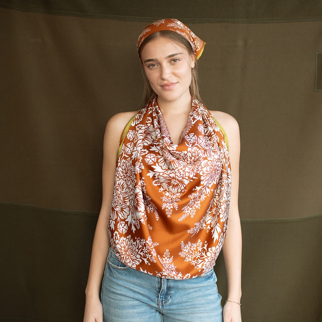 Silk Twill Scarf - Blossom in Tobacco