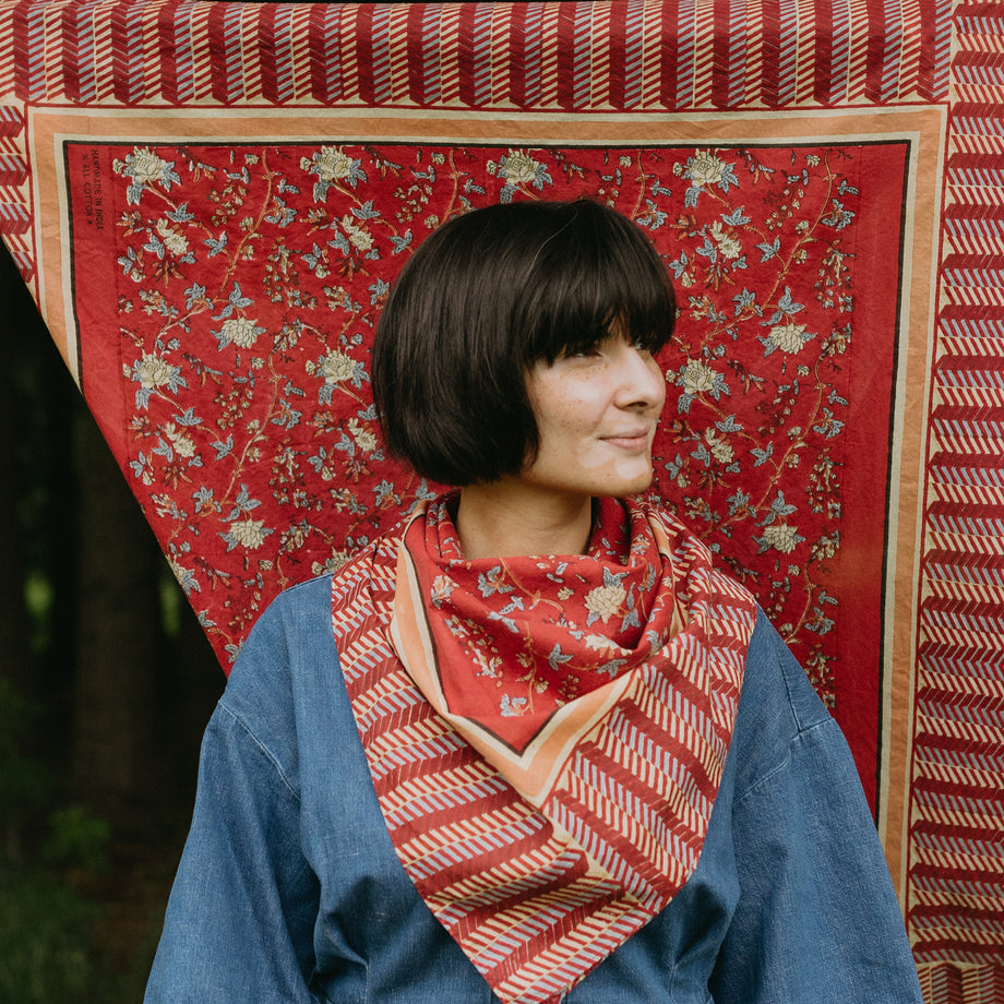 Buy Red-Blue Block Printed Cotton voile Square Scarf Online at