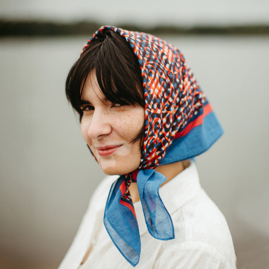 Blockprint Cotton Scarf- Jackie in Aperol- 28in